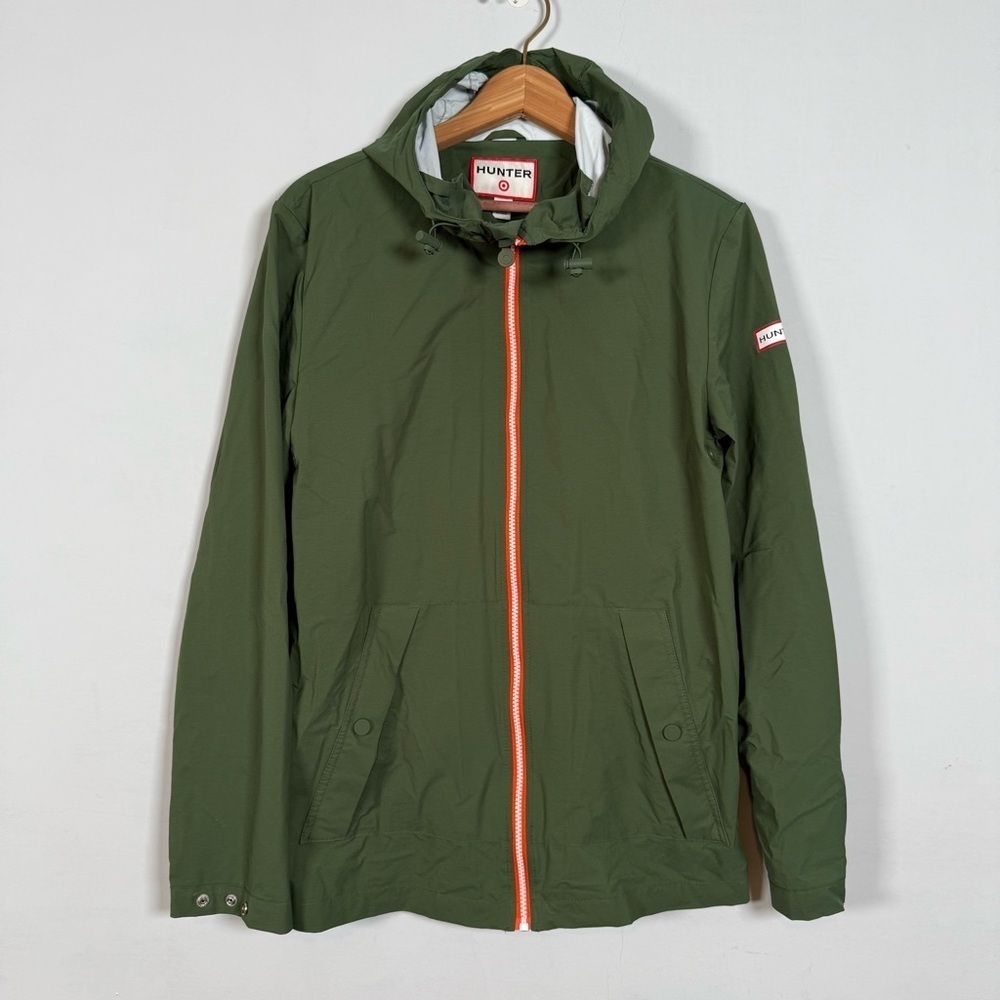 Hunter Olive Hooded Nylon Raincoat with Orange Trim, Size XS